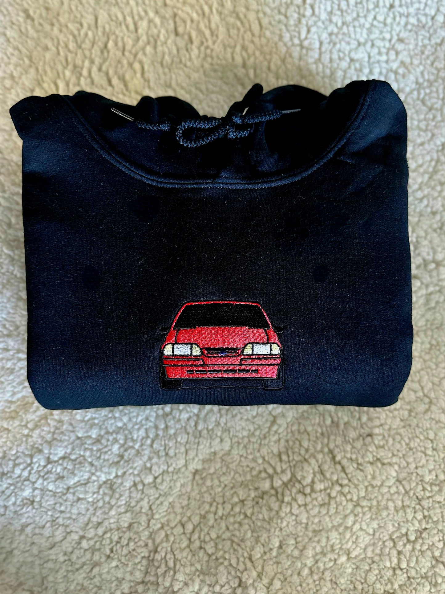 Vintage American muscle car design for the Ford Mustang Foxbody pull over hoodie. Available for a fan or as a gift for your boyfriend, girlfriend, wife, husband, etc.