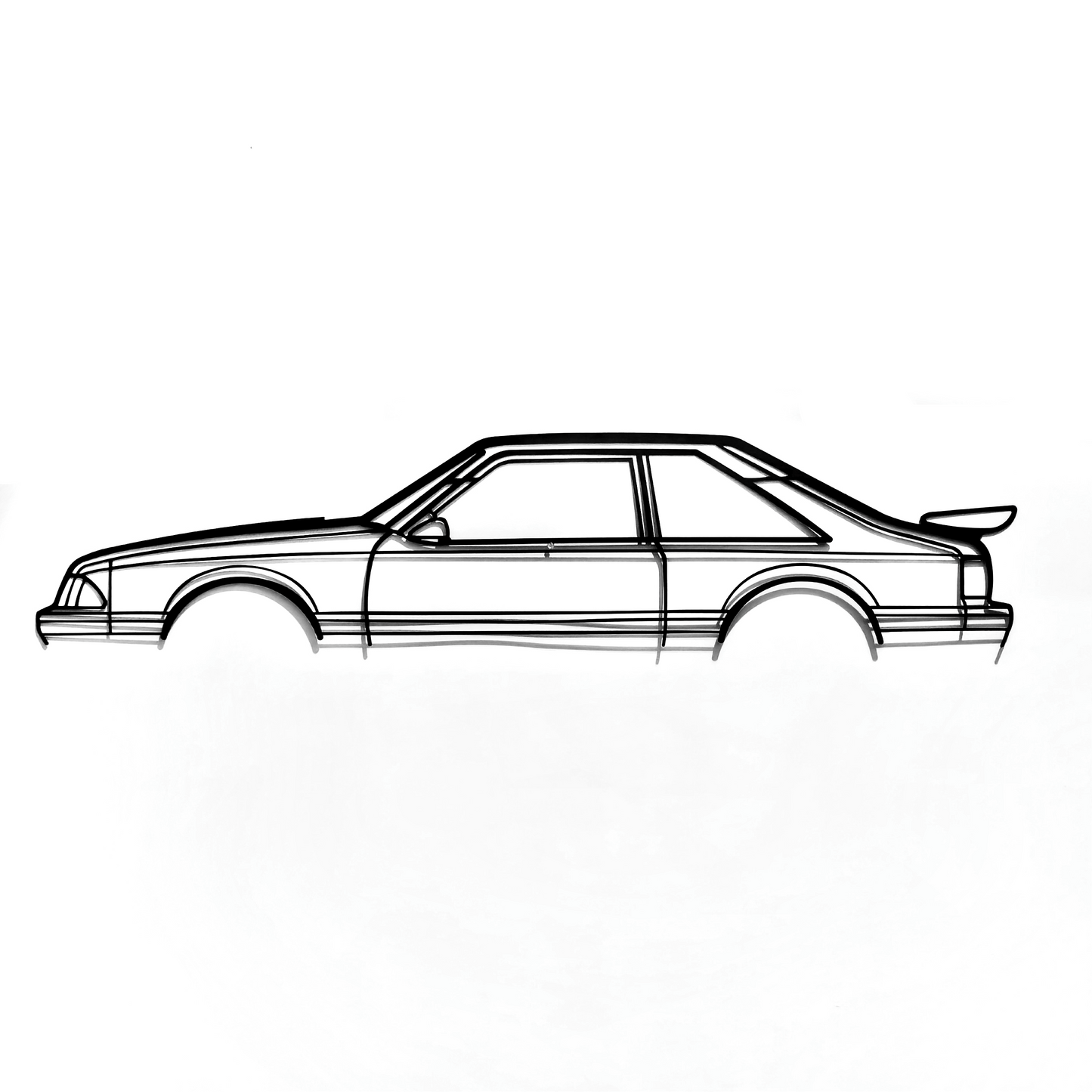 A Ford Mustang hatchback saleen wing foxbody wall art for garage or home. Built with CNC machine and metal. Great for gift or hobby for an American muscle classic car enthusiast.
