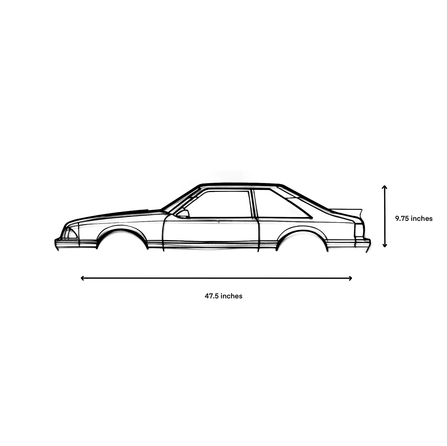 A Ford Mustang hatchback LX foxbody wall art for garage or home. Built with CNC machine and metal. Great for gift or hobby.