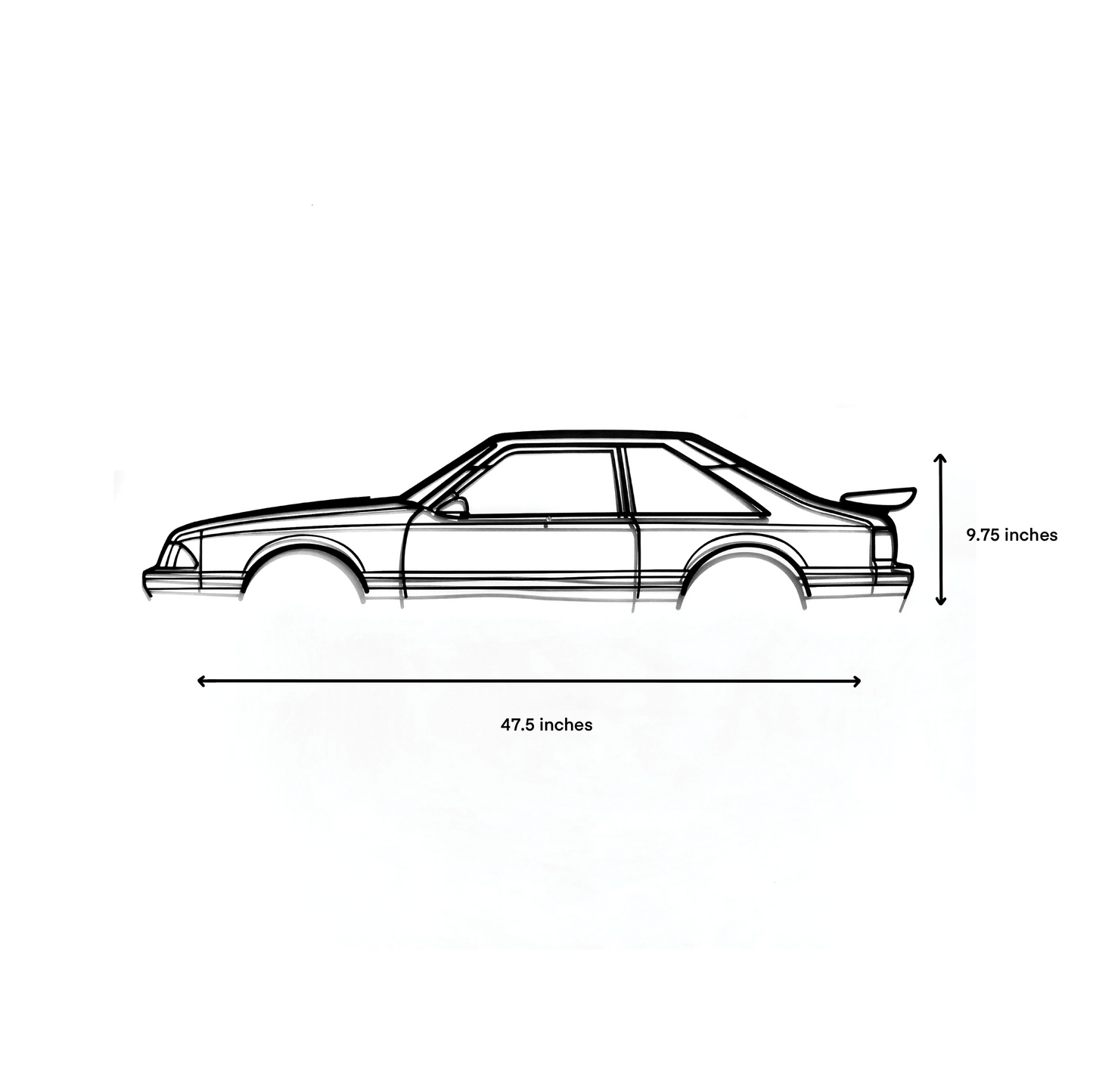 A Ford Mustang hatchback saleen wing foxbody wall art for garage or home. Built with CNC machine and metal. Great for gift or hobby for an American muscle classic car enthusiast.