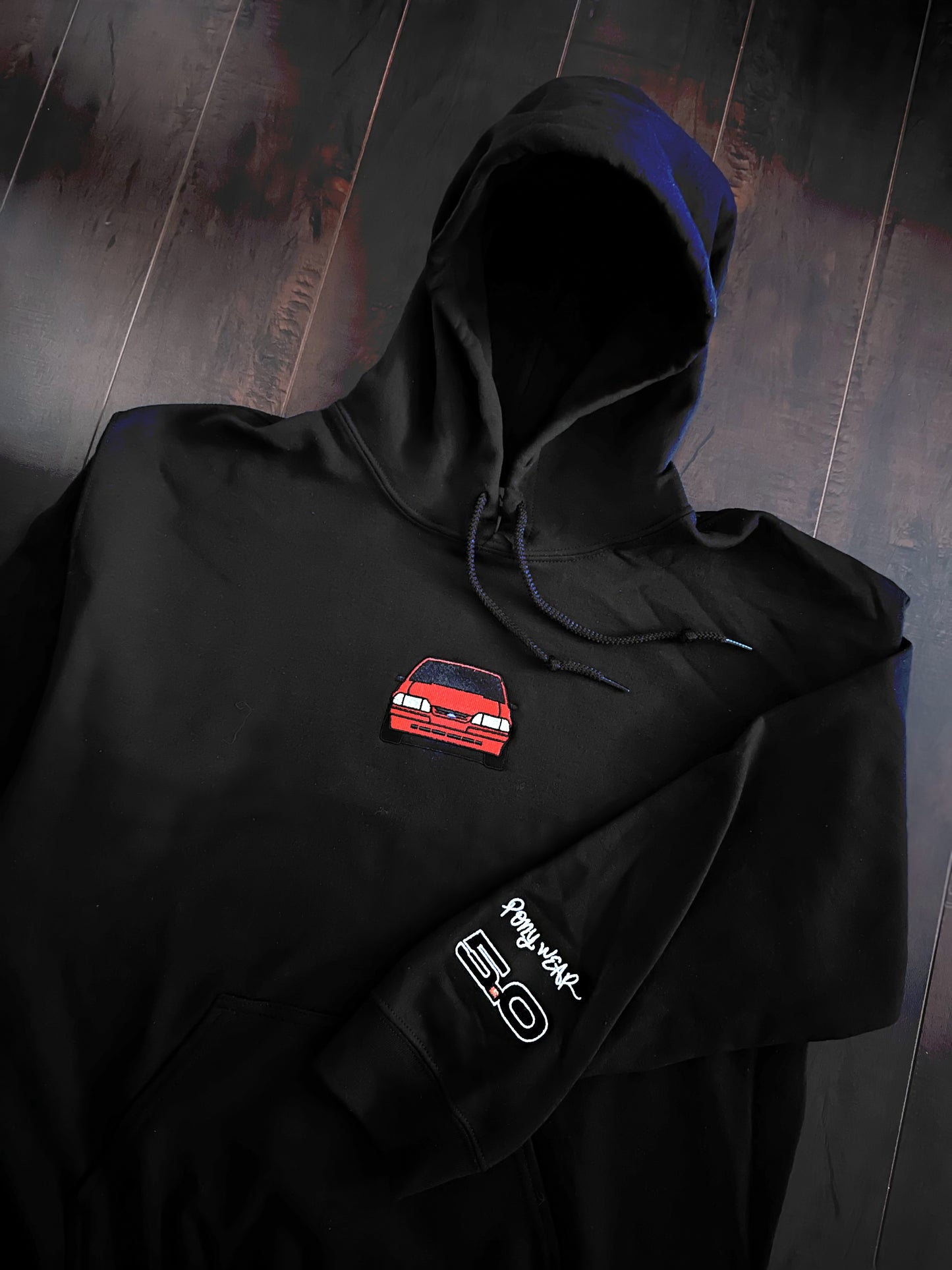Vintage American muscle car design for the Ford Mustang Foxbody pull over hoodie. Available for a fan or as a gift for your boyfriend, girlfriend, wife, husband, etc.