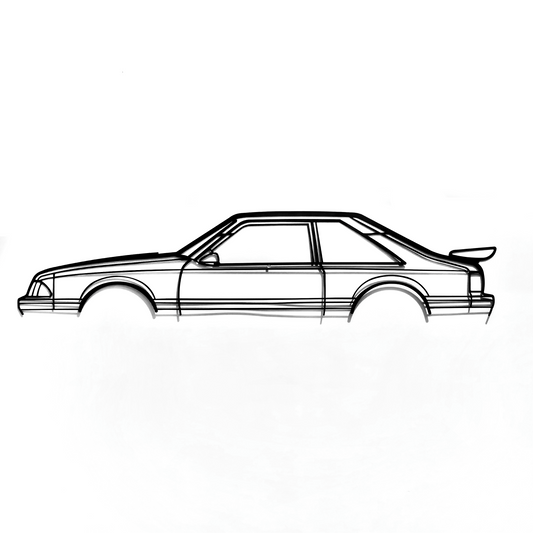 A Ford Mustang hatchback saleen wing foxbody wall art for garage or home. Built with CNC machine and metal. Great for gift or hobby for an American muscle classic car enthusiast. 